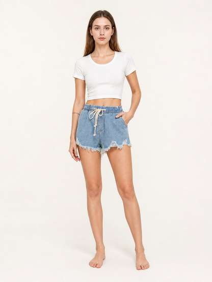 Light Blue Distressed Denim Shorts with Drawstring and Fringe main product view
