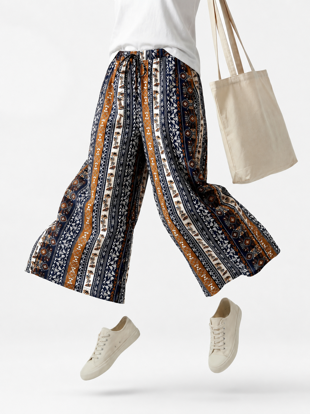 Bohemian High-Waist Wide-Leg Drawstring Pants with Multi-Color Vertical Stripes main product view 3
