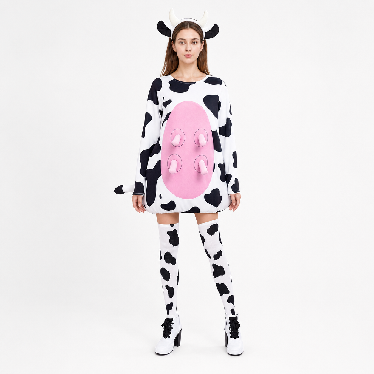Adult Cow Costume with Headband, Tail, and Leg Warmers