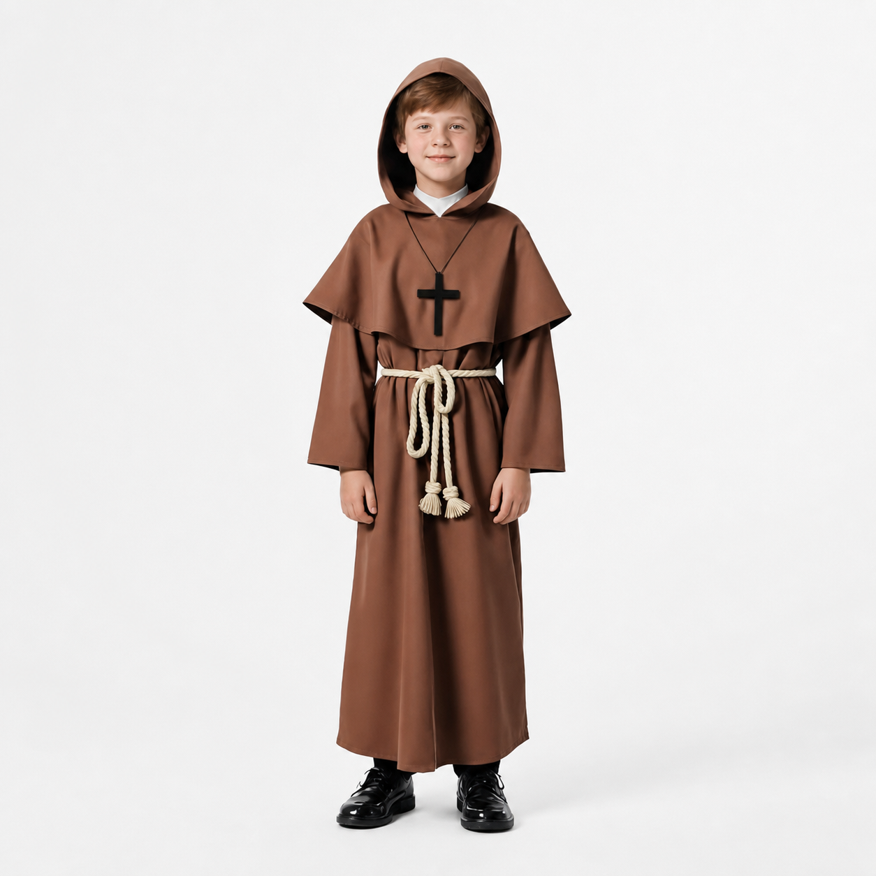 Brown hooded costume with cross