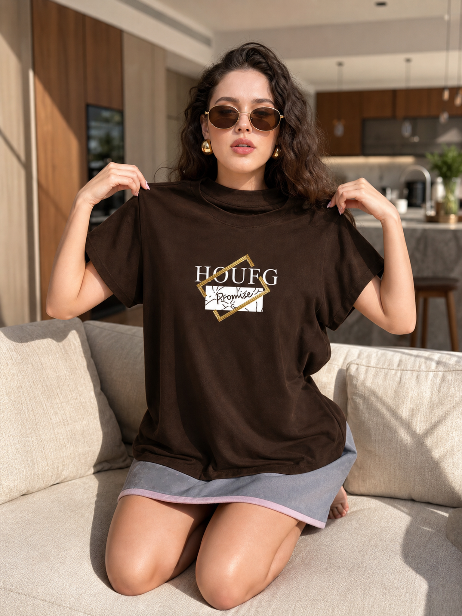 Women's Printed T-Shirt, Short Sleeve, High Neck