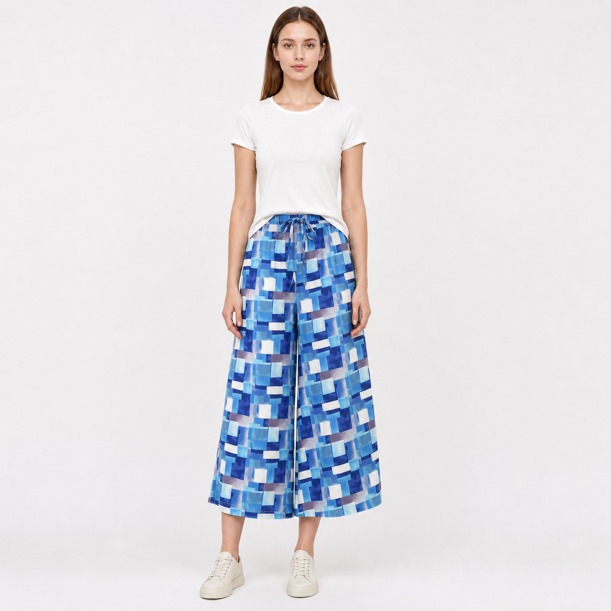 Blue and White Palazzo Pants with Geometric Print main product view
