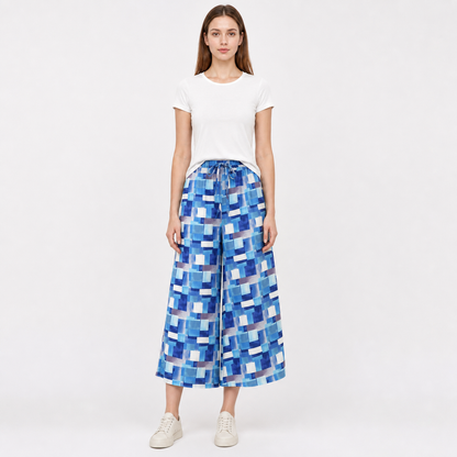 Blue and White Palazzo Pants with Geometric Print main product view