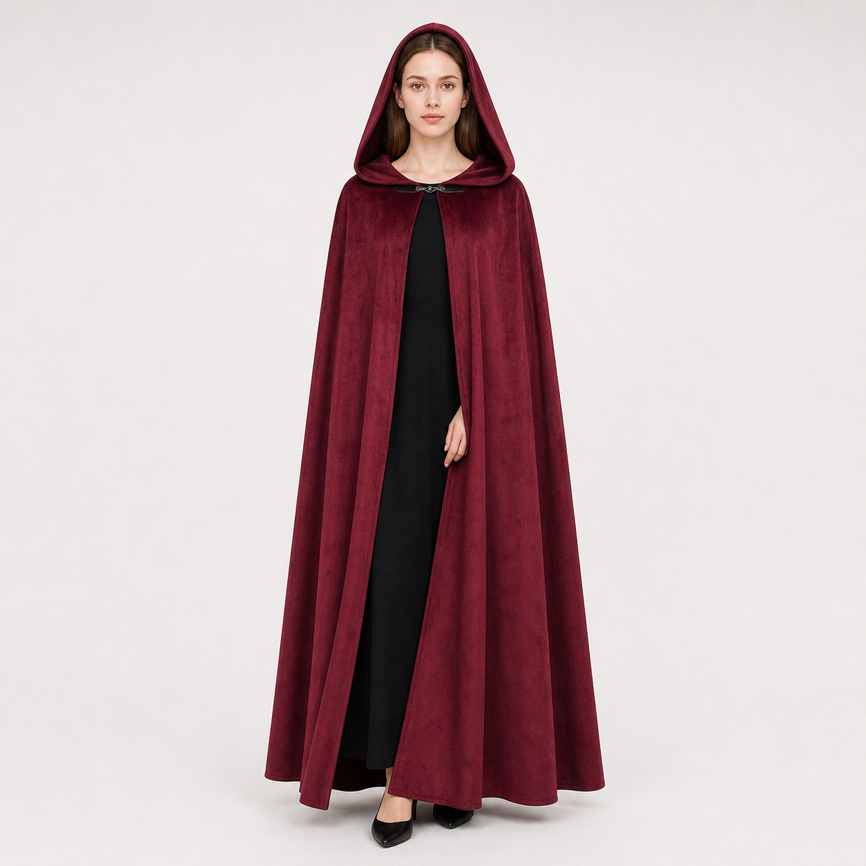 Long burgundy carnival cloak with hood