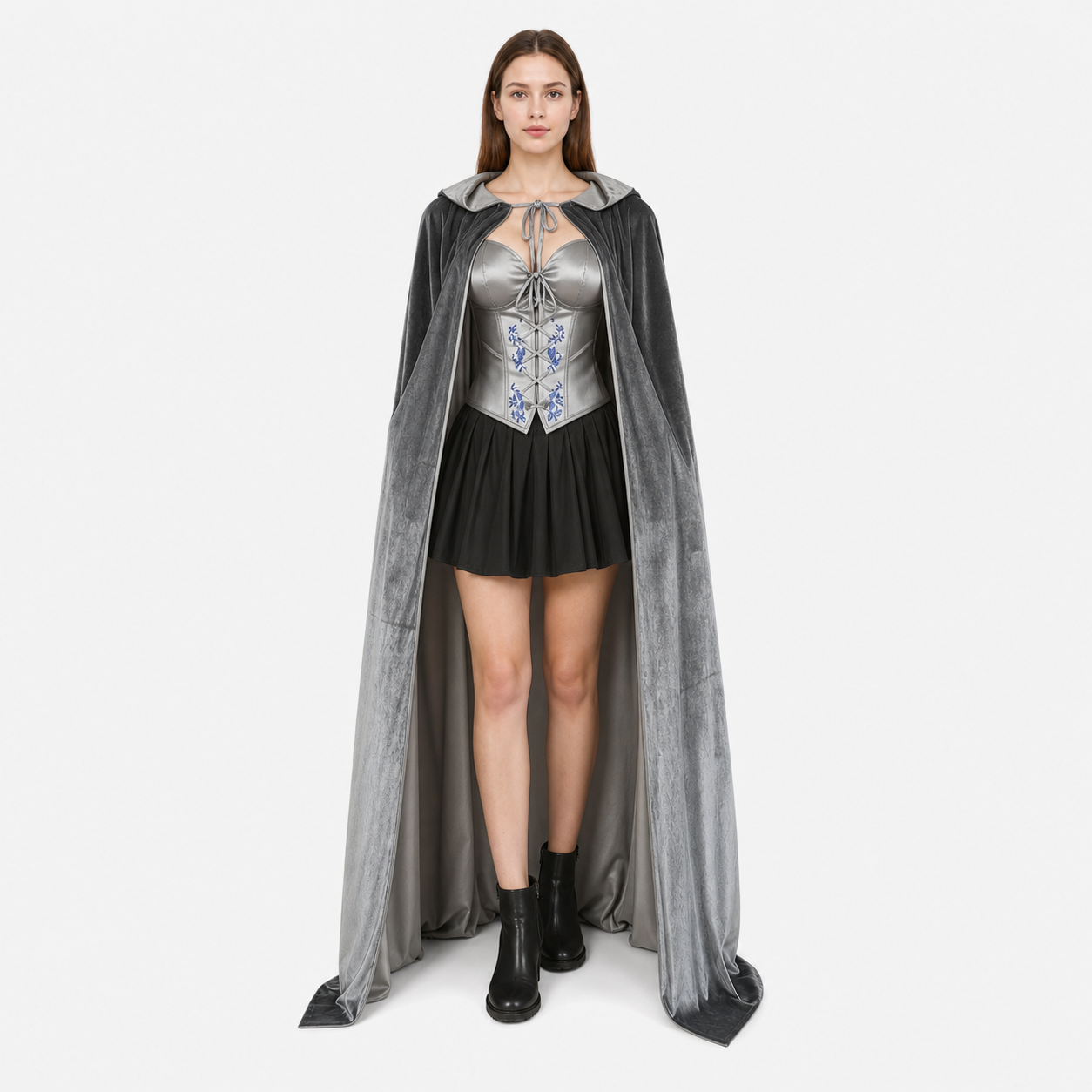 Gray Hooded Long Costume Cape
