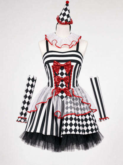 Clown Carnival Costume: Dress, Gloves, and Cap