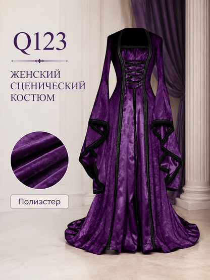 Long Stage Dress with Lace-Up Front and Flared Sleeves detail view 2