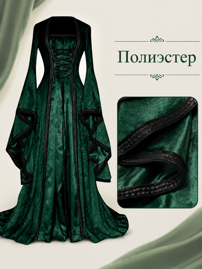 Women's Long Medieval Dress with Flare Sleeves detail view