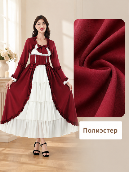 Burgundy Dress with Ruffles and Flared Sleeves detail view 2