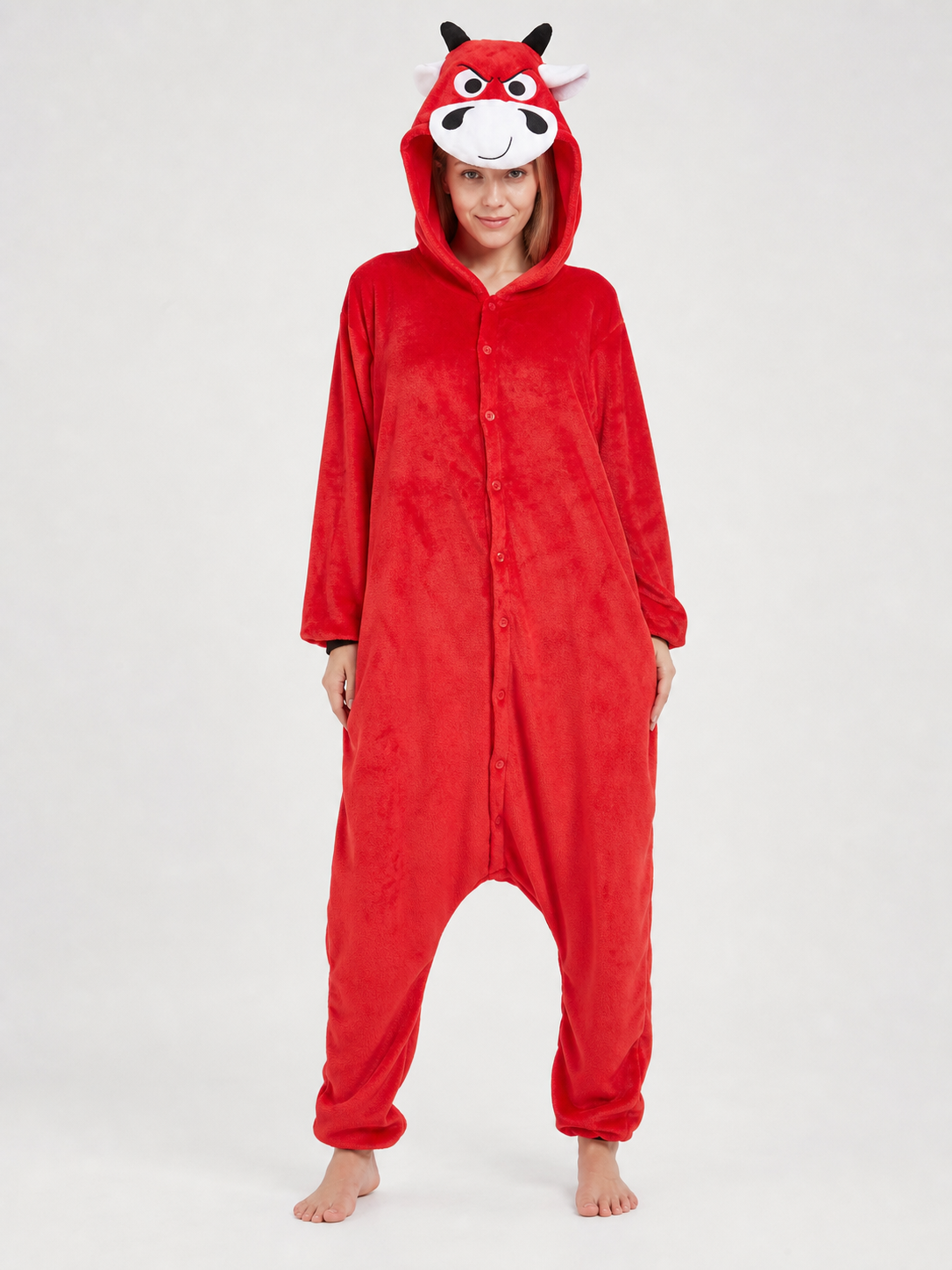 Red Plush Bull Kigurumi with Hood and Button Closure