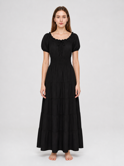 Black Tiered Maxi Dress with Gathering