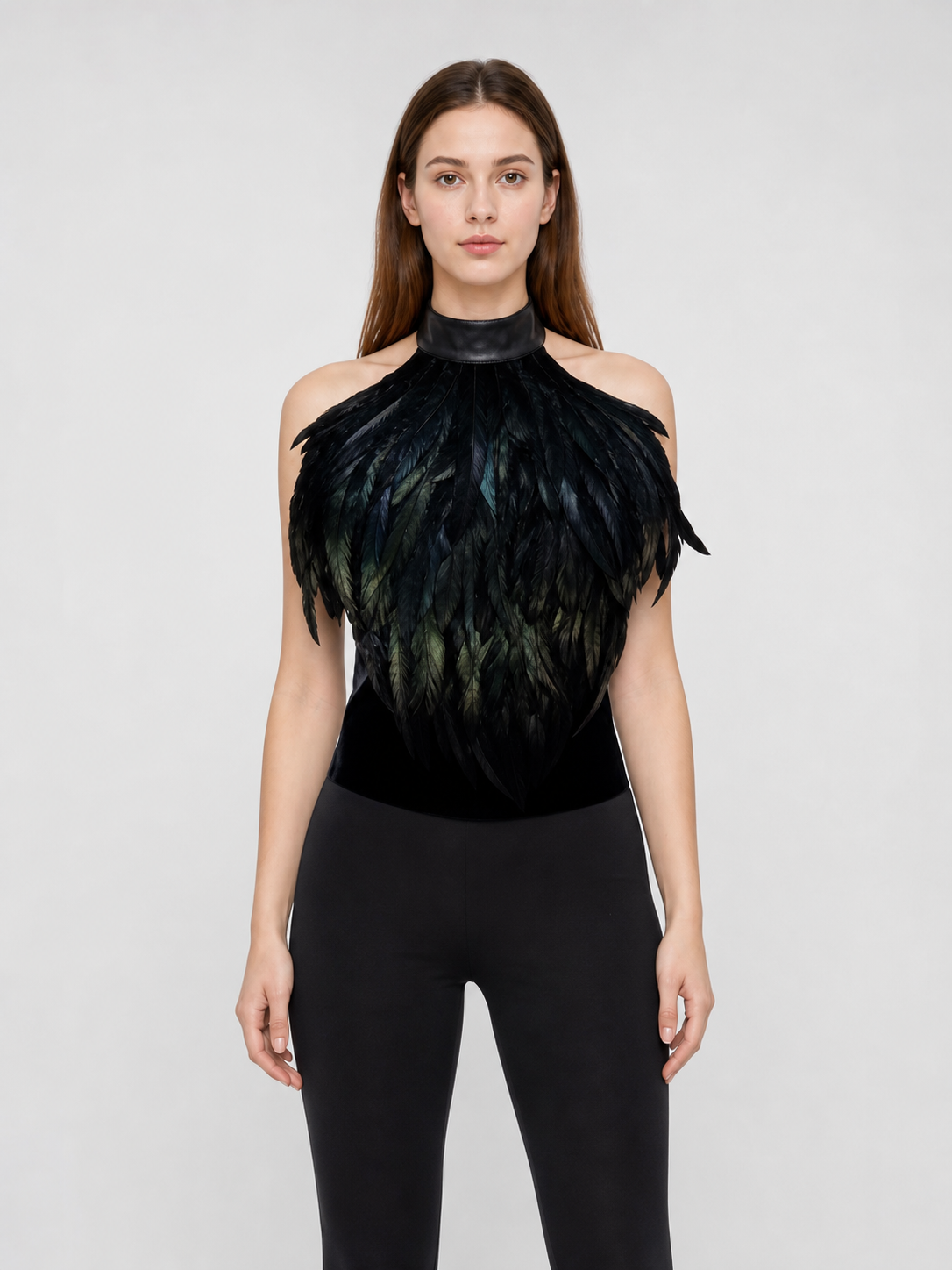 Black halter top with a feather-like texture and no embellishment