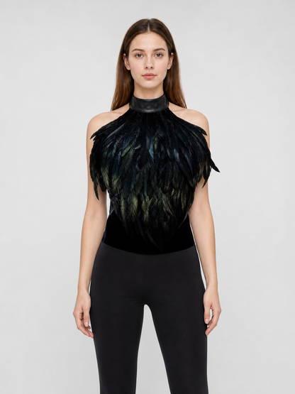 Black halter top with a feather-like texture and no embellishment