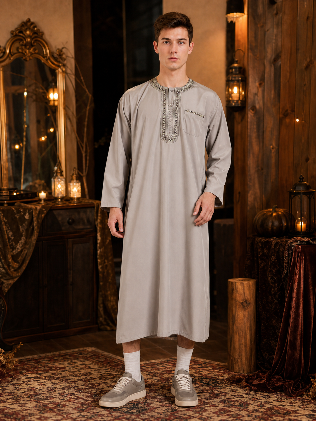 Modest Traditional Long Embroidered Robe, Loose Full-Length Design, Long Sleeves, Collarless Round Neck, Religious and Cultural Wear