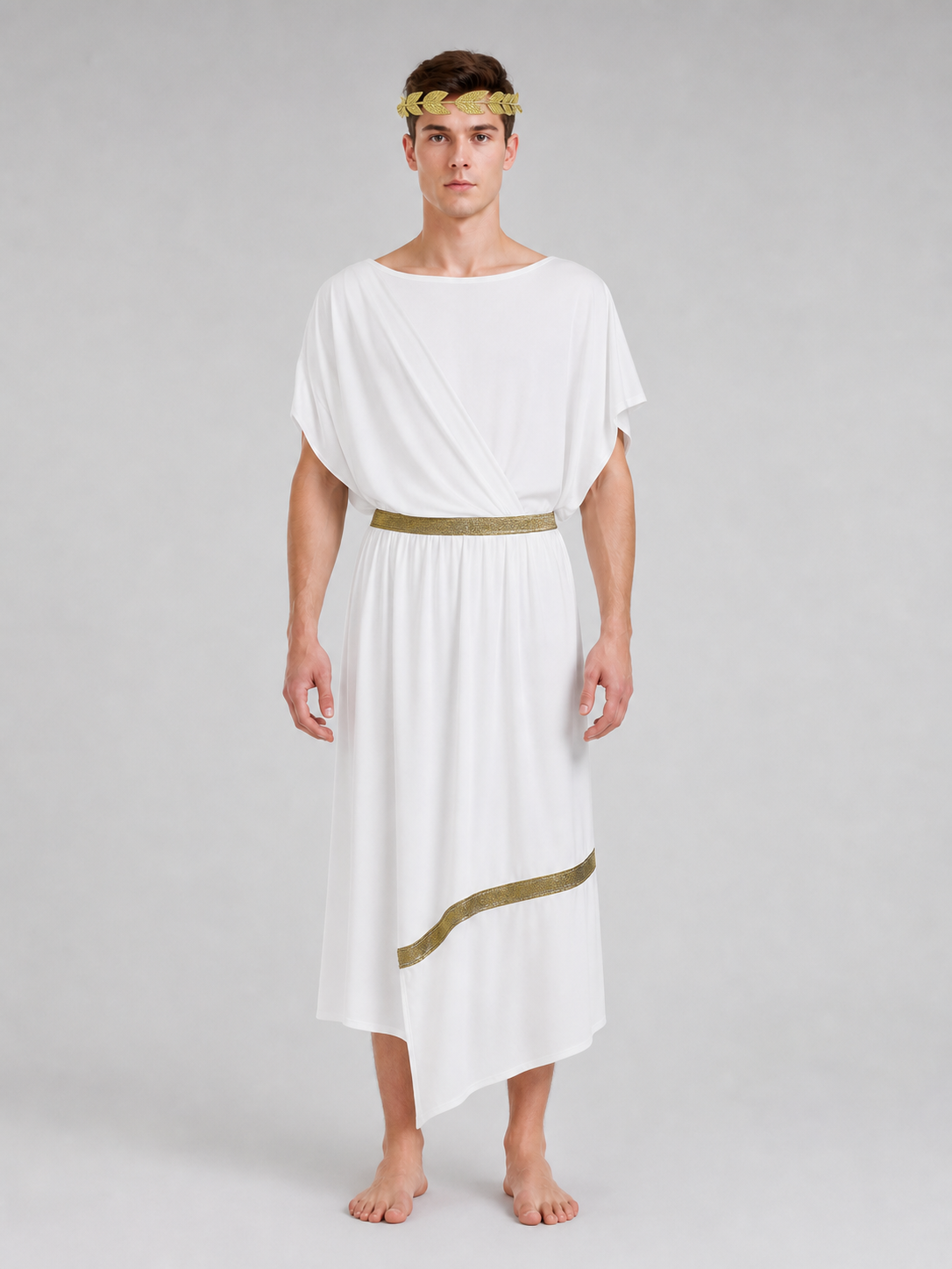 Adult Men's Ancient Greek Costume Set, 3pcs Draped Robe With Gold Trim, Waist Belt And Laurel Wreath For Cosplay Theme Parties