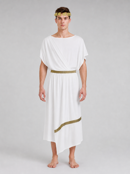 Adult Men's Ancient Greek Costume Set, 3pcs Draped Robe With Gold Trim, Waist Belt And Laurel Wreath For Cosplay Theme Parties