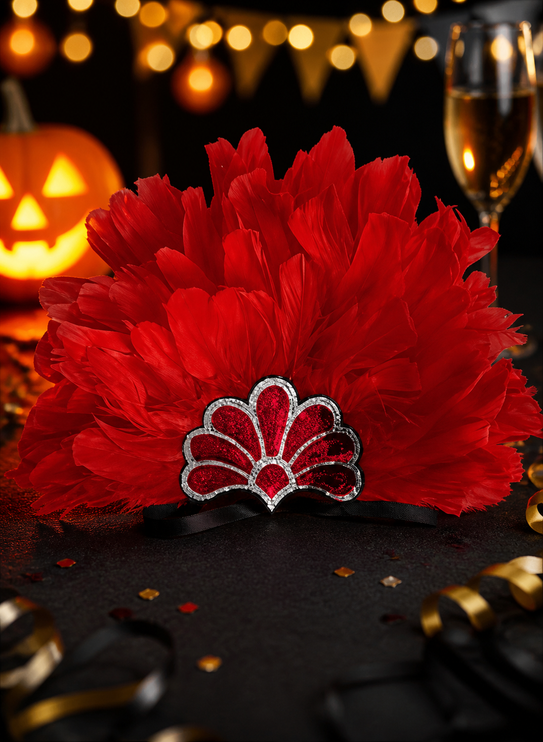Red feather headpiece with a silver-trimmed fan decoration, worn by a model in a medium-length portrait