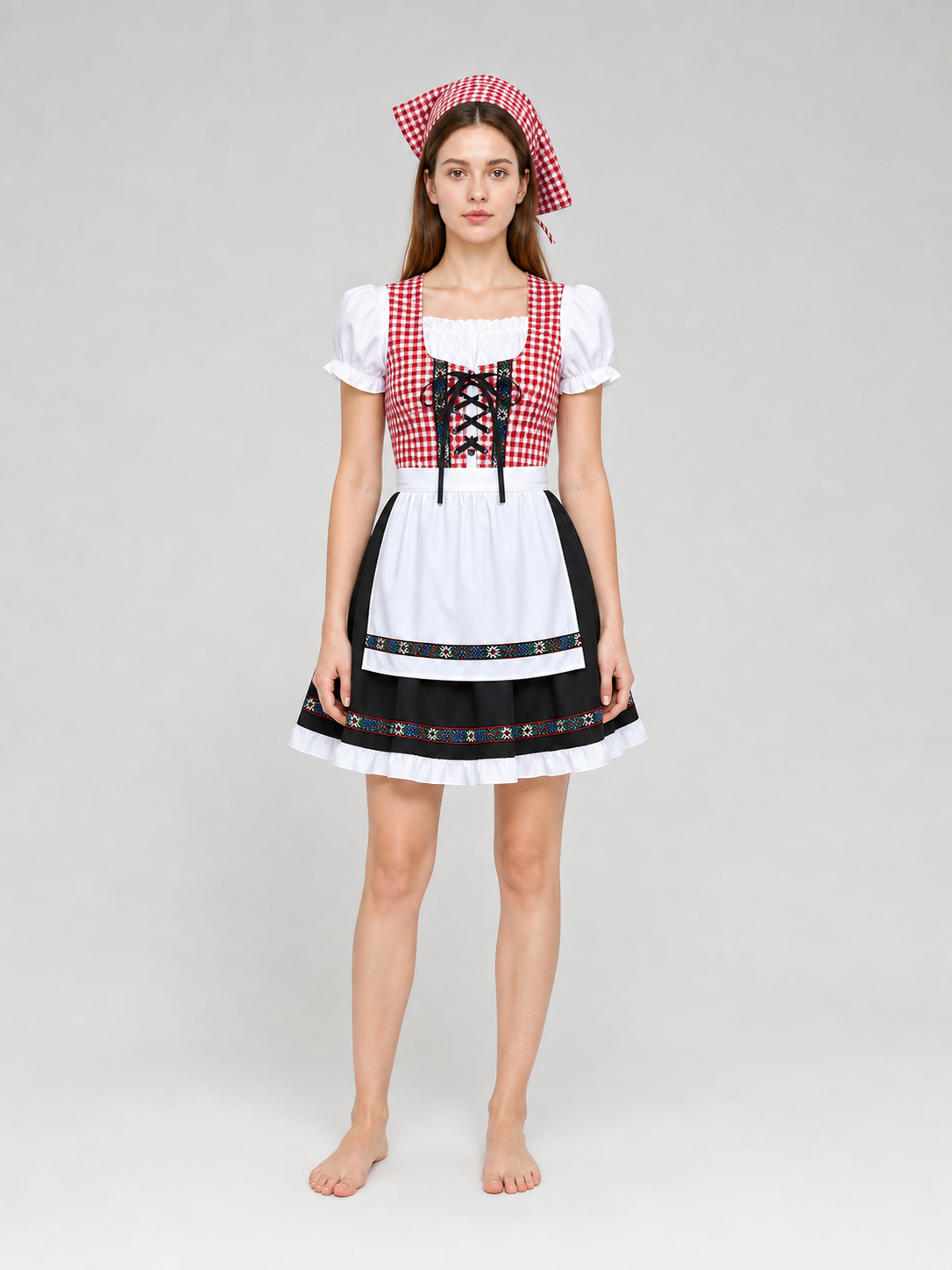 Bavarian dirndl-style costume with bonnet