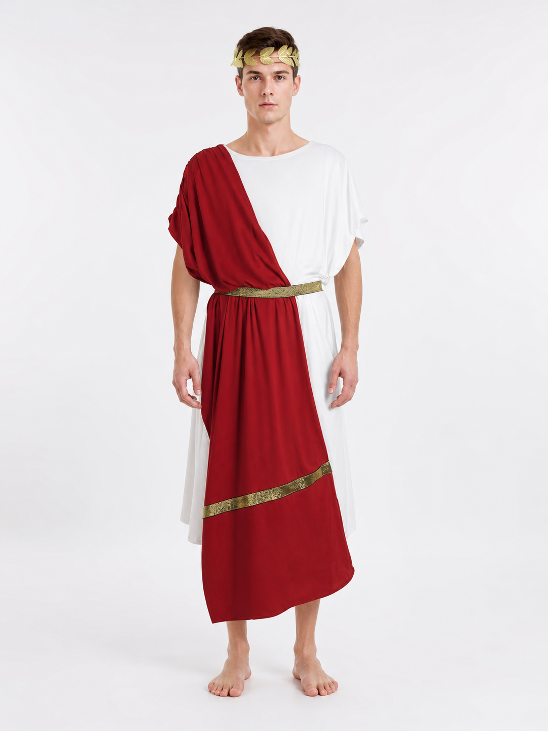 Men's Ancient Greek Costume, Red And White Draped Tunic With Gold Belt And Laurel Headpiece For Cosplay, Stage Events