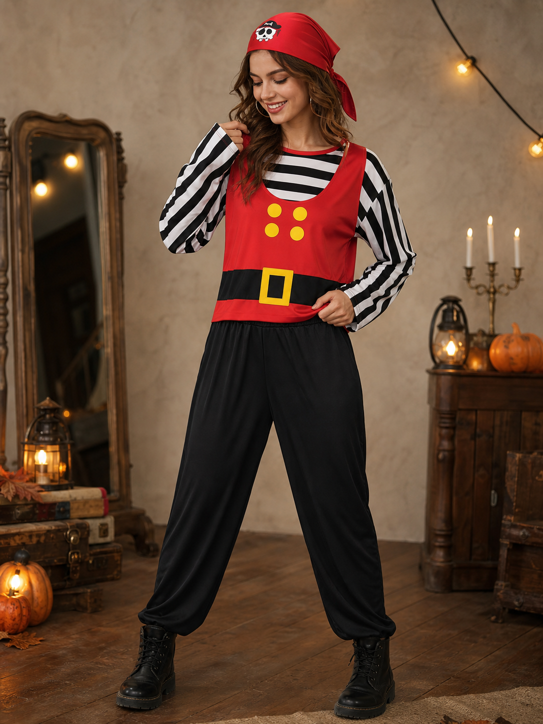 Kids Halloween Pirate Costume Set 4Pcs Red Bandana Striped Long Sleeve Vest Black Pants Toy Sword for Role Play Party