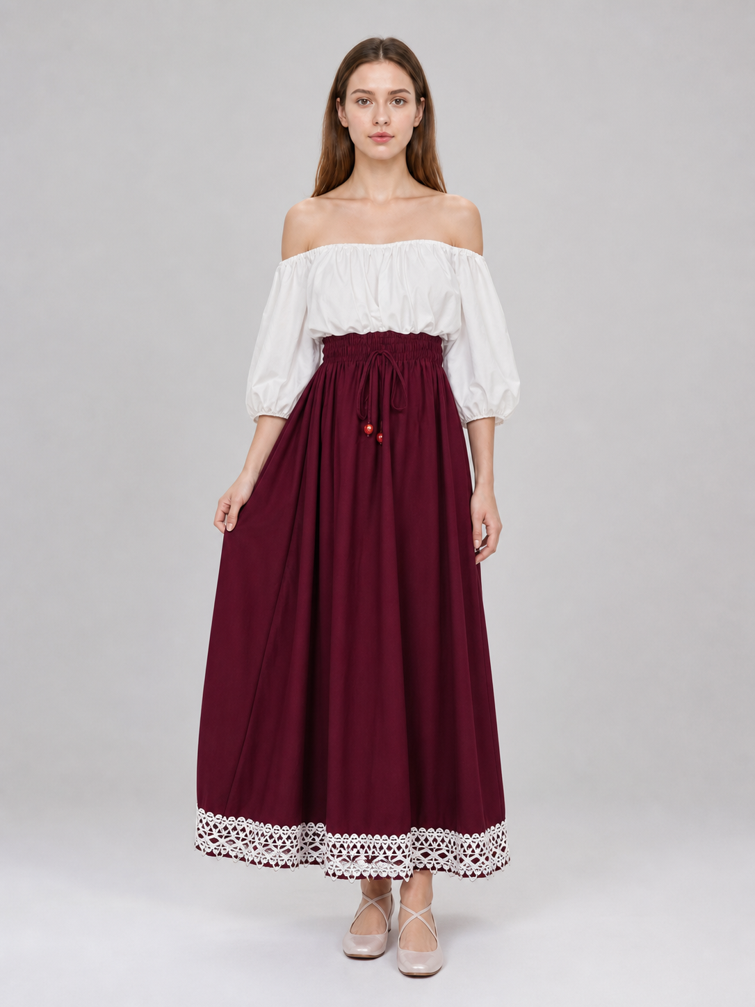 Long burgundy A-line skirt with drawstring