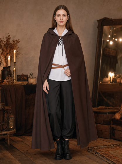 Halloween Medieval Knight Pirate Cosplay Hooded Cloak, Long Loose Cape With Pointed Hood And Front Cross Lacing
