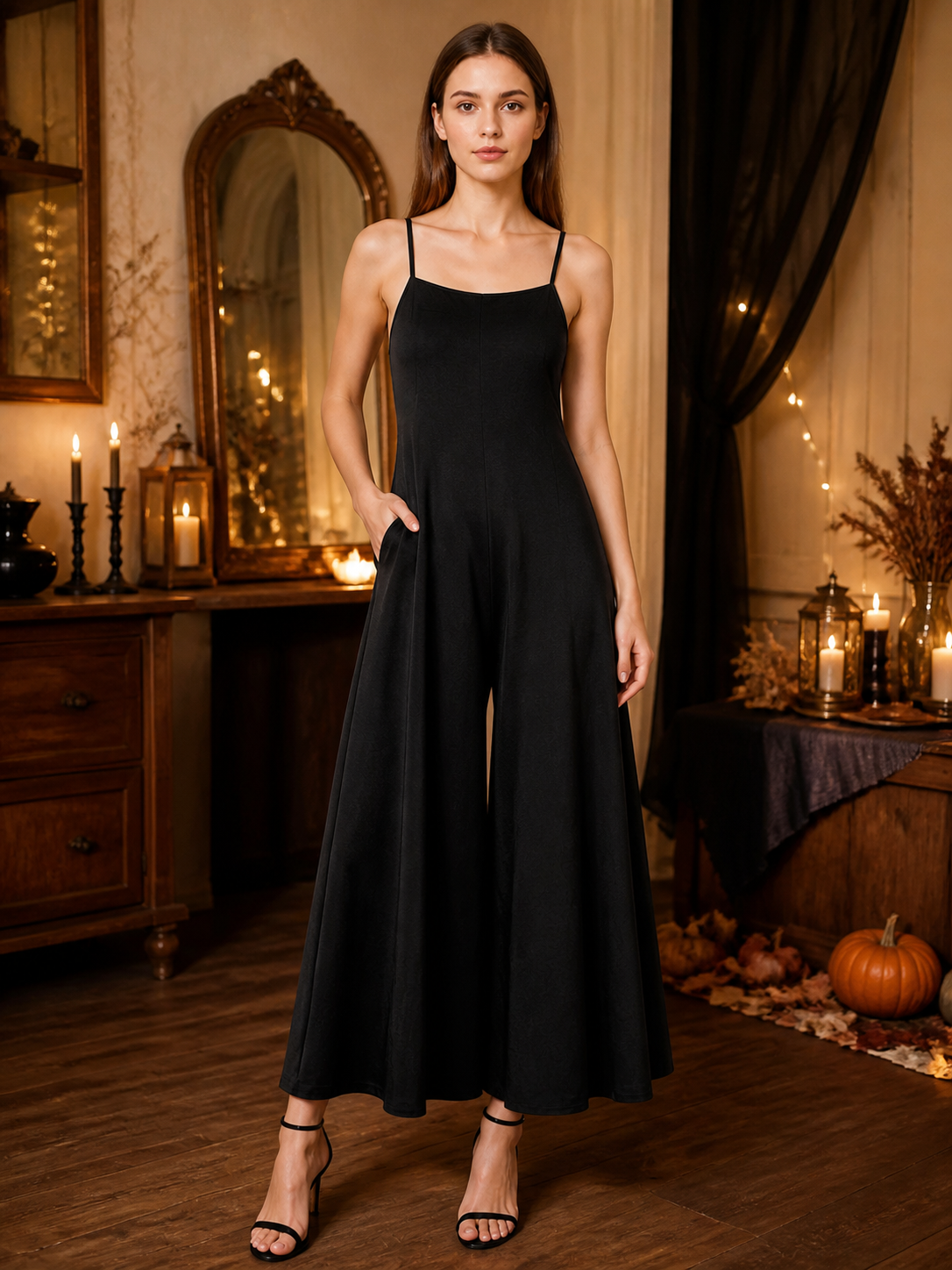 Black wide-leg jumpsuit with thin straps and a side pocket, shown full-body on a model in a candlelit room