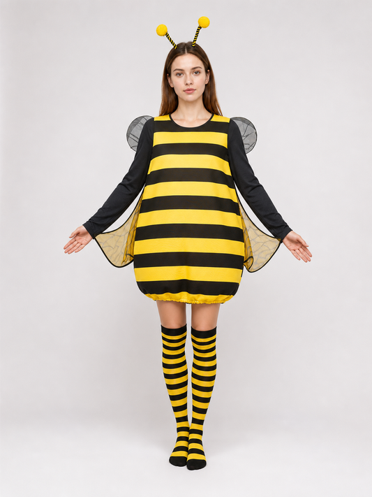 Full-body studio view of a black and yellow striped costume with antennae, translucent wings, long sleeves, and striped knee-high socks