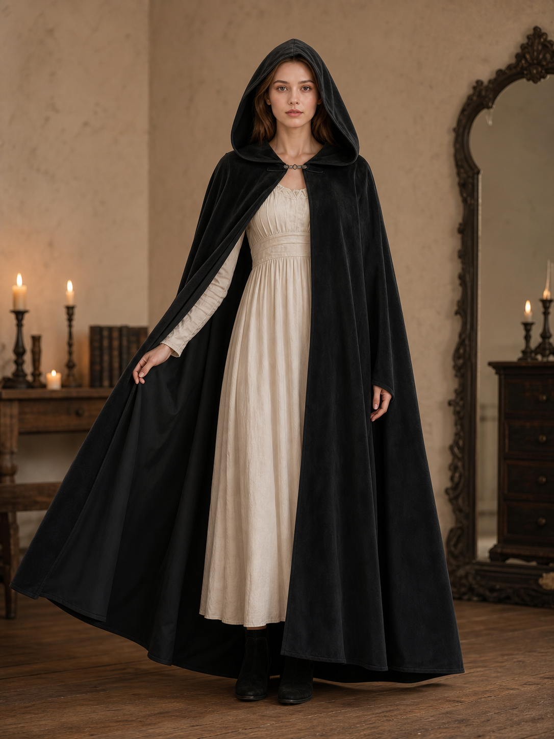 Long black hooded costume cloak