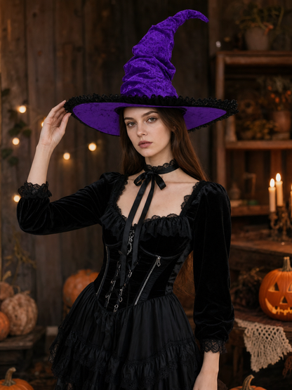 Halloween Witch Hat, Tall Curved Pointed Crown, Wide Irregular Brim, Deep Purple Gothic Style with Black Trim for Cosplay and Themed Parties