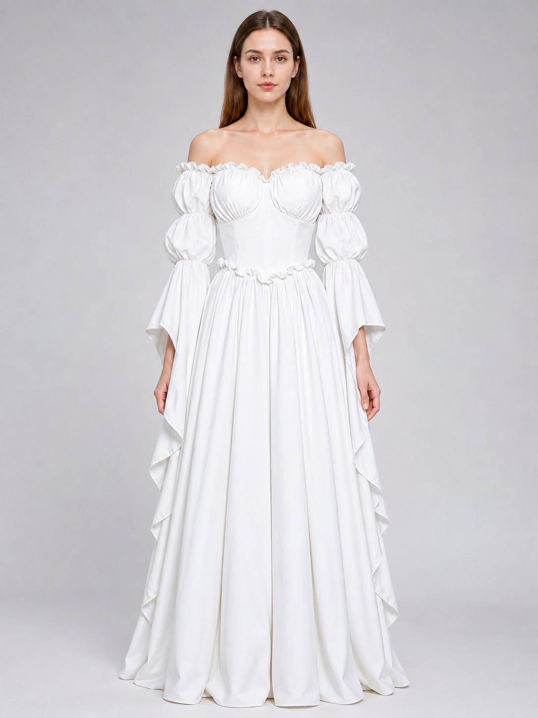 White vintage-style dress with puff sleeves