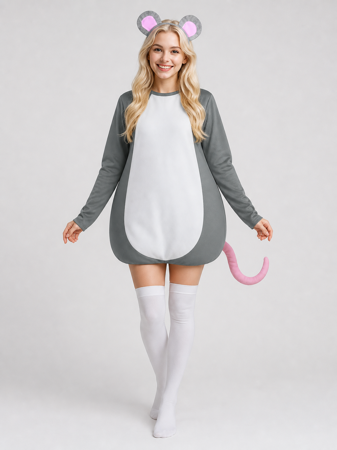 Adult Gray Mouse Costume Set with White Belly, Pink Tail and Mouse-Ear Headband for Costume Parties, Cosplay and Themed Events
