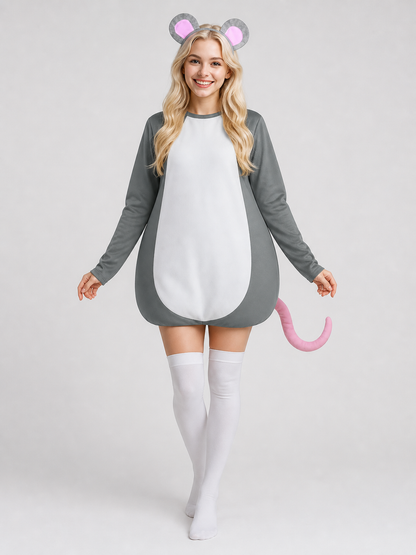 Adult Gray Mouse Costume Set with White Belly, Pink Tail and Mouse-Ear Headband for Costume Parties, Cosplay and Themed Events