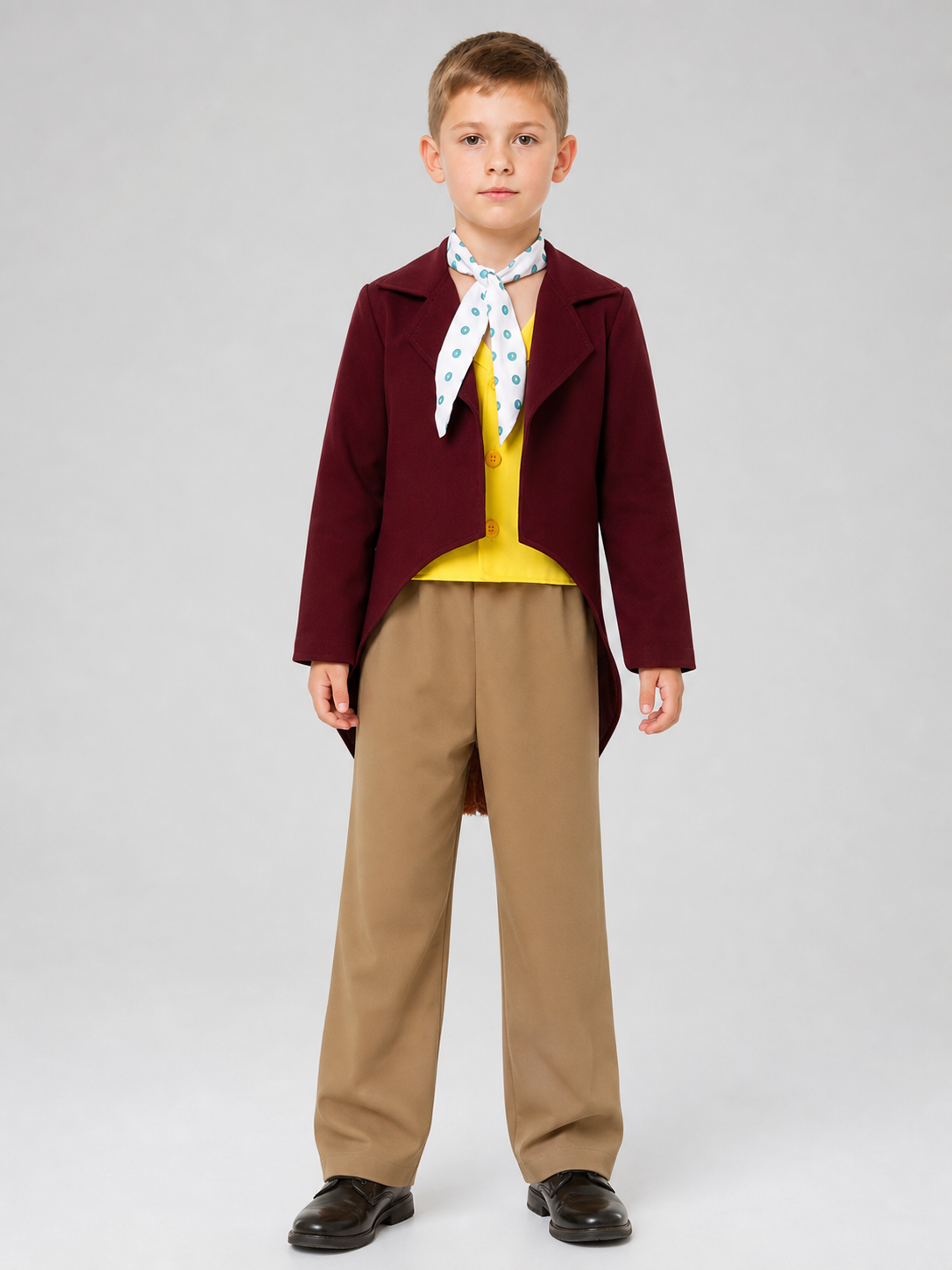 A bright fox cub costume designed in the style of a fairy-tale character helps create a striking look for dress-up, themed parties, or performances. The set includes a burgundy jacket with long pointed tails, a yellow shirt or decorative fr