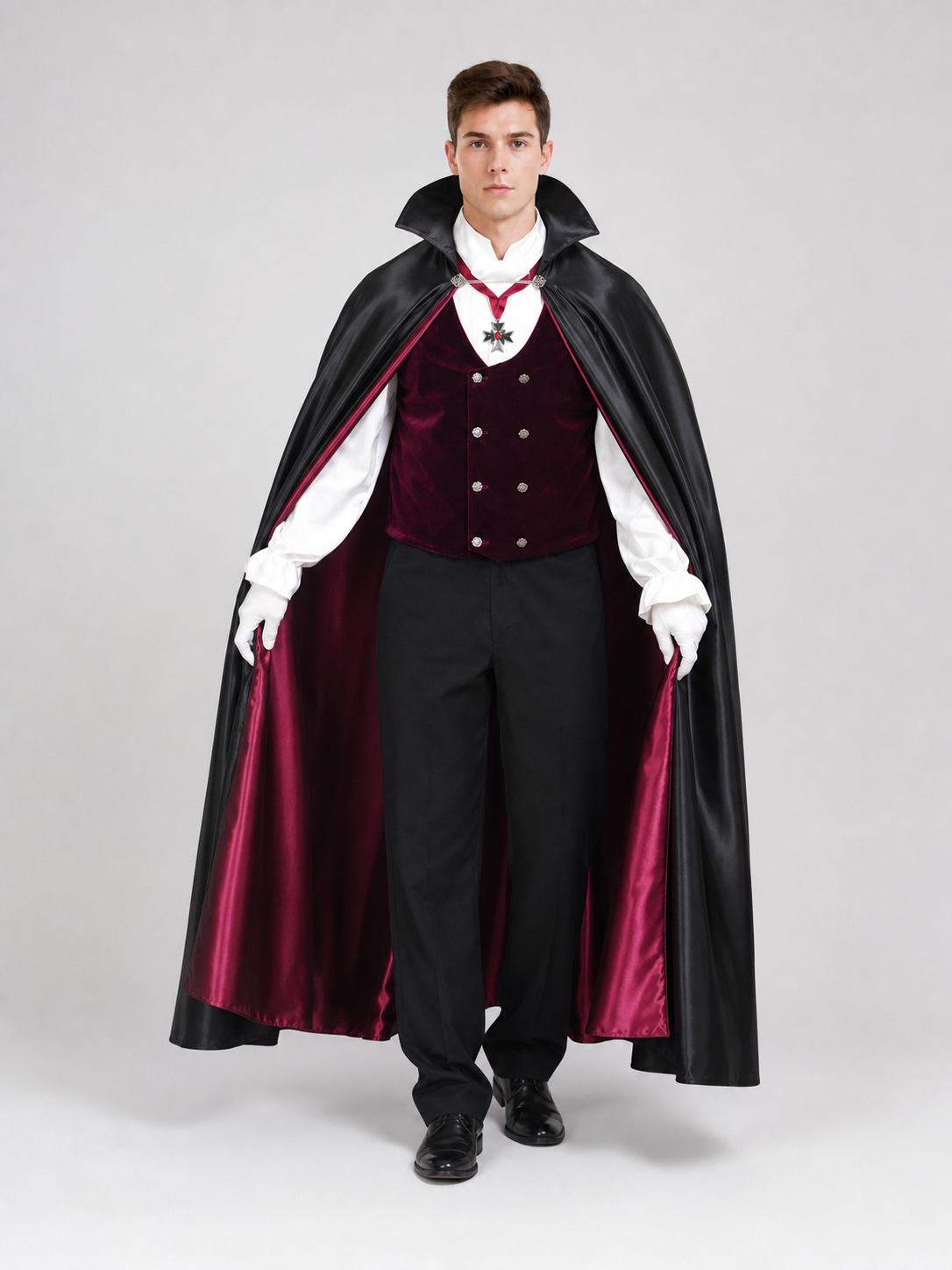 Vampire costume with cape, vest, and pants