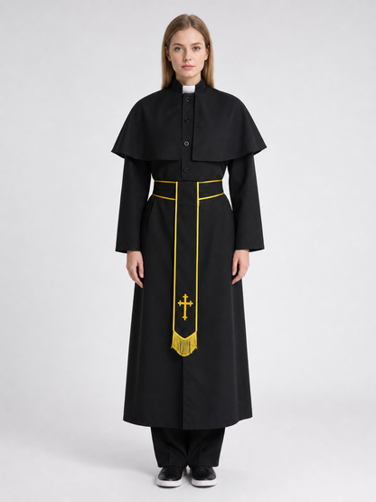 Vampire Costume: Black Robe with Belt and Cross