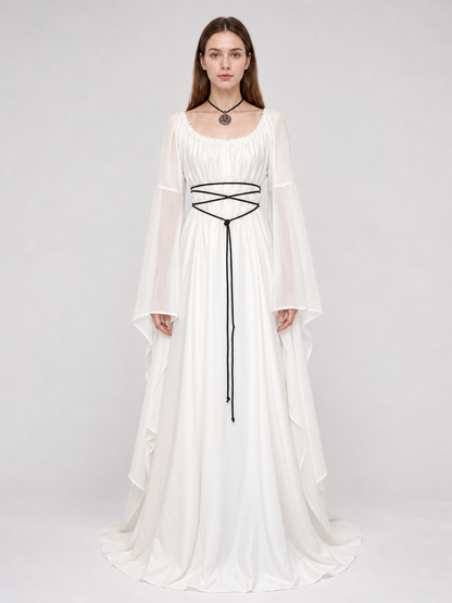 Long White Dress with Flared Sleeves and Lacing