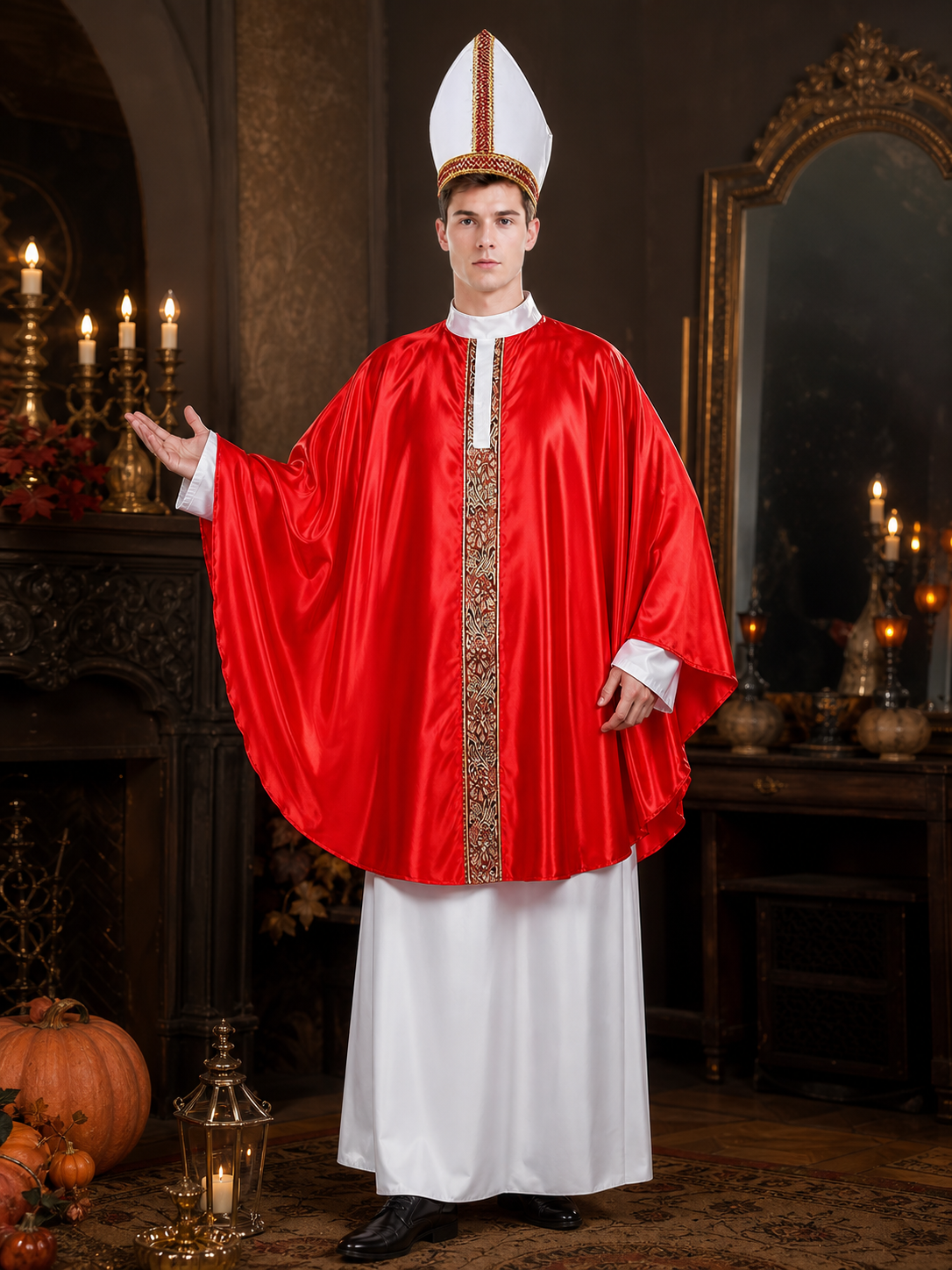 Papal-Style Ceremonial Costume Set With Red Robe, White Undergarment And Pointed Mitre Hat For Stage, Film And Themed Events