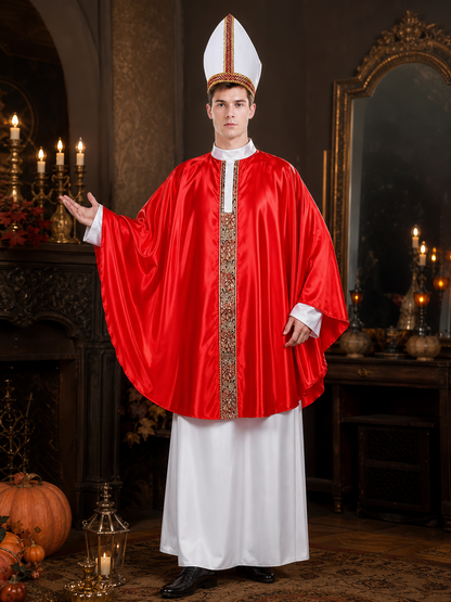 Papal-Style Ceremonial Costume Set With Red Robe, White Undergarment And Pointed Mitre Hat For Stage, Film And Themed Events