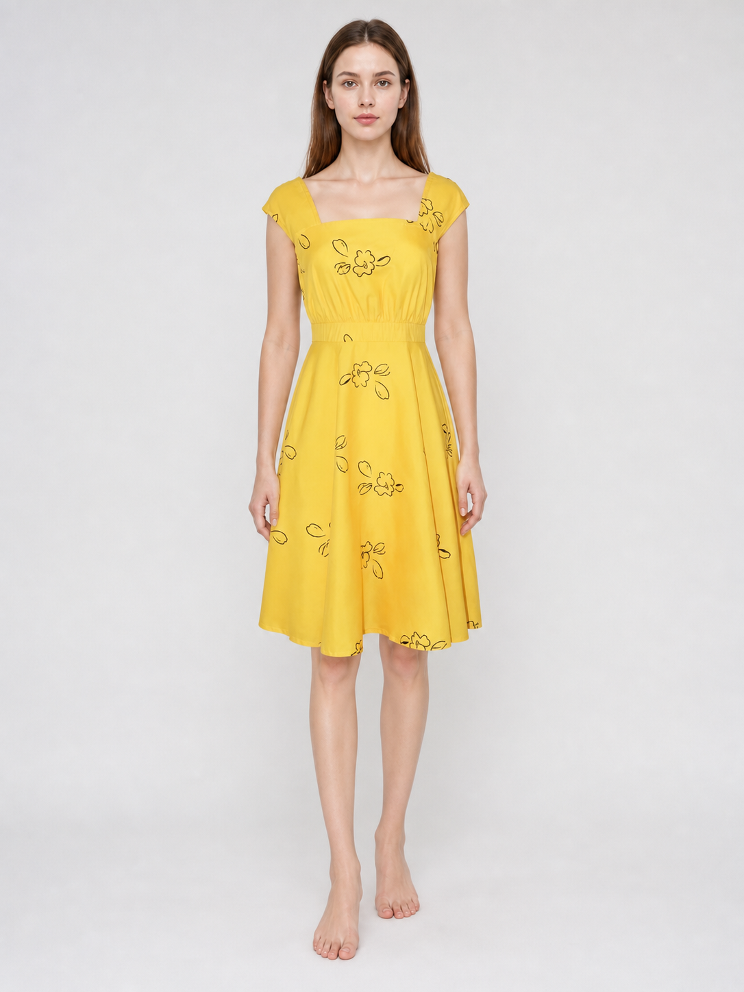 The dress is designed to recreate Mia's look from the film "La La Land" and for theatrical role transformations in a cosplay style. The model is made in a bright yellow color and decorated with a scattered outline pattern of flowers and lea