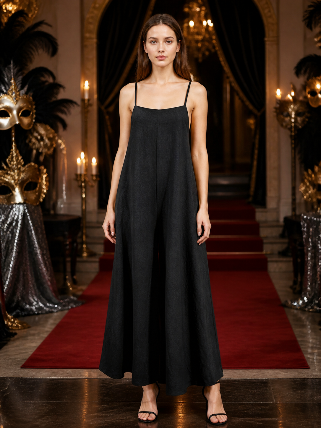 Black wide-leg jumpsuit with thin straps, modeled full-body on a red carpet between ornate gold masks and candleholders
