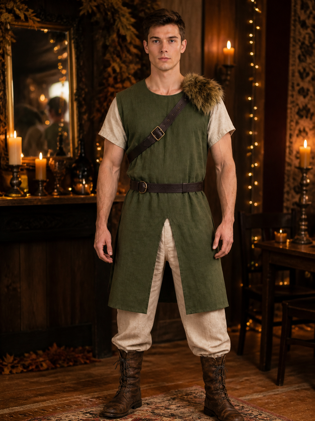 Full-body model wearing a green split-hem vest with fur shoulder trim and belt in a candlelit interior