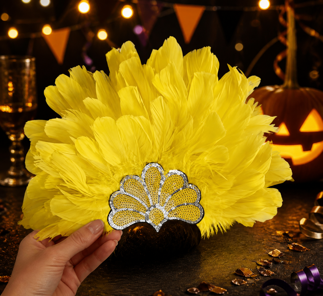 Yellow Carnival Headpiece with Gold Fan on-model view