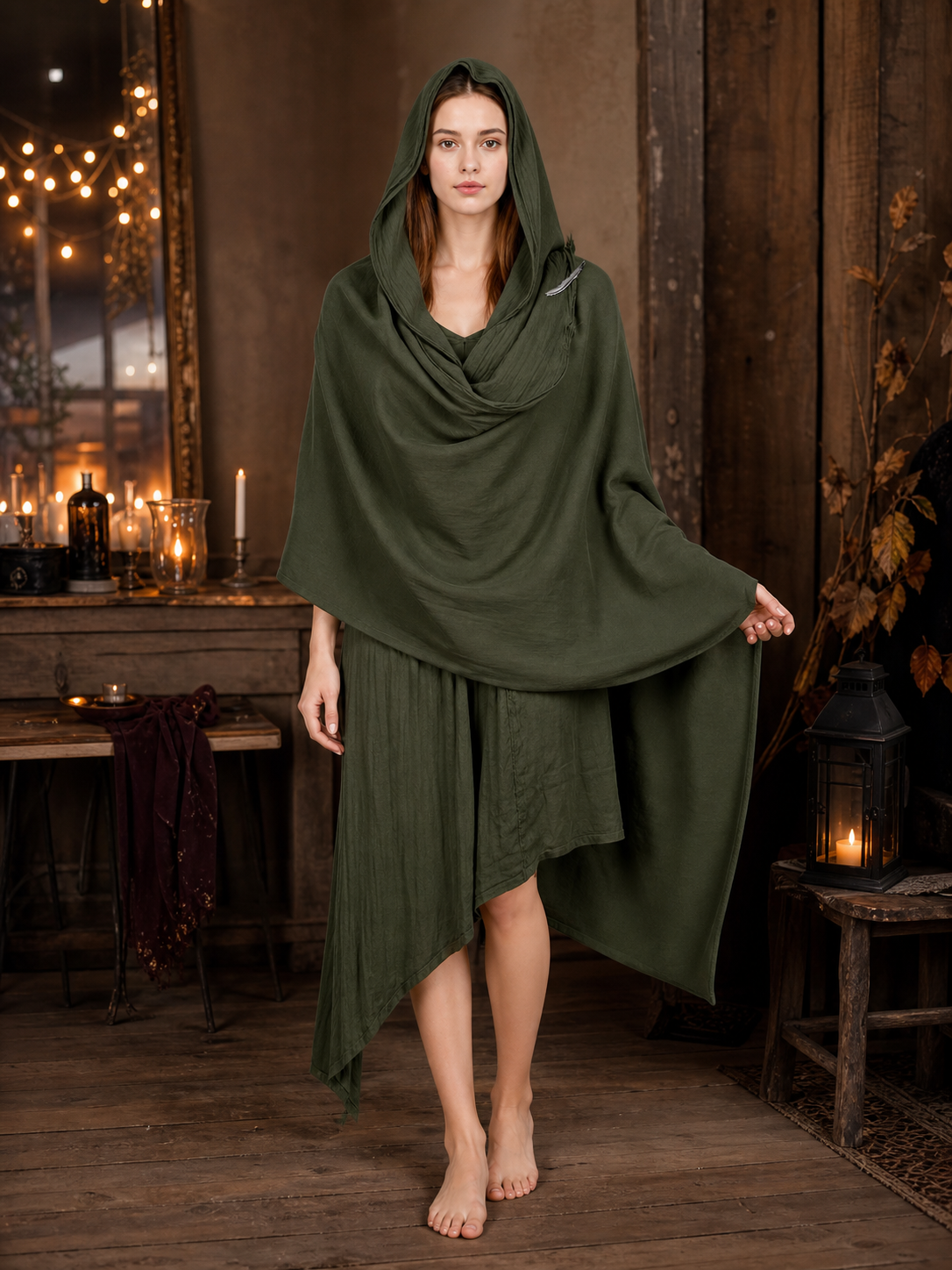 Green Carnival Hooded Cape on-model view