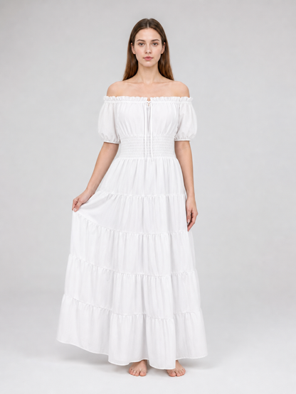 White Off-the-Shoulder Tiered Maxi Dress