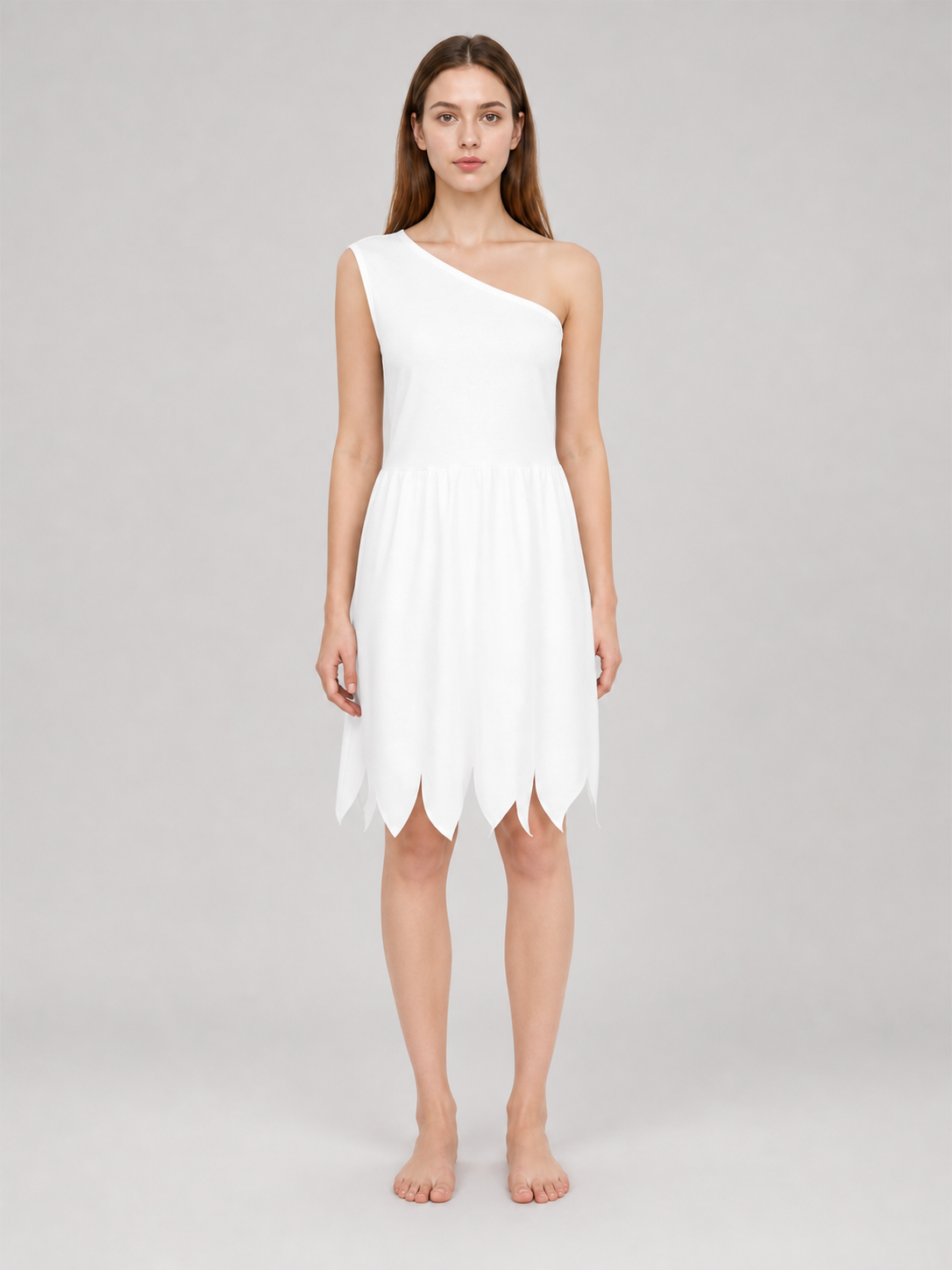 Women's White Cavewoman Costume Dress: One-Shoulder Asymmetric Neckline on-model view