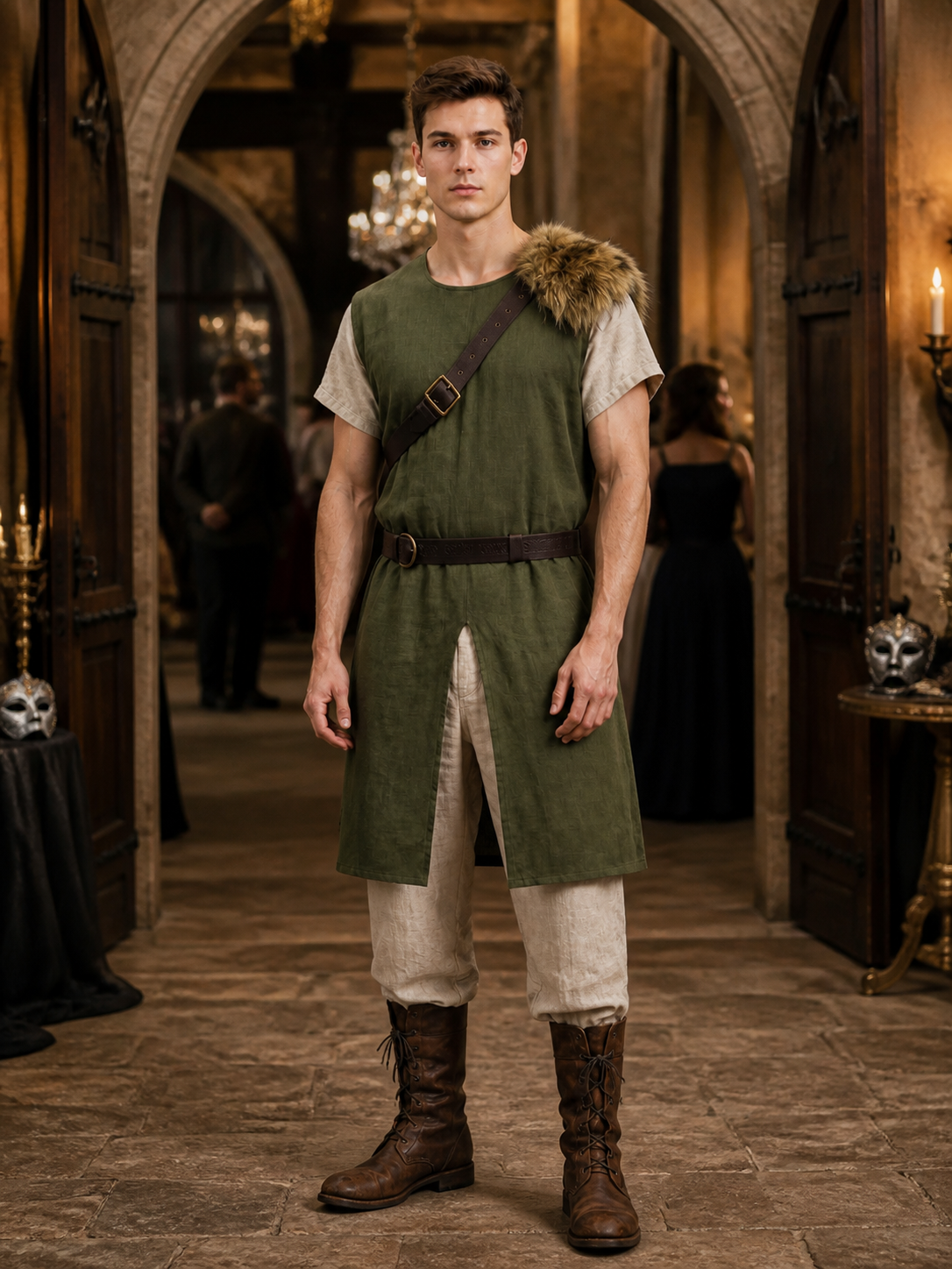 Full-body model wearing a green belted vest with fur shoulder trim and split front hem in a decorated stone doorway