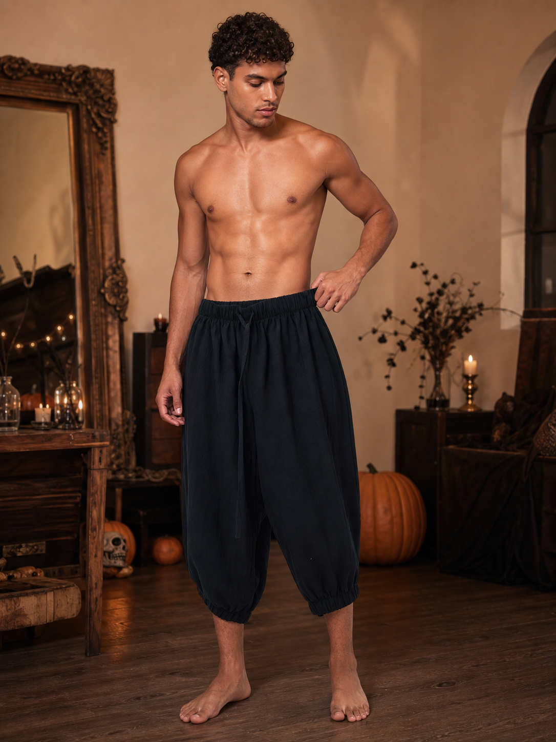 Black Cotton-Linen Cropped Pants, Loose Baggy Relaxed Fit, Elastic Waistband, Cuffed Hem, Casual Everyday Wear