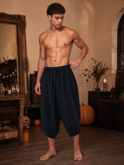 Black Cotton-Linen Cropped Pants, Loose Baggy Relaxed Fit, Elastic Waistband, Cuffed Hem, Casual Everyday Wear