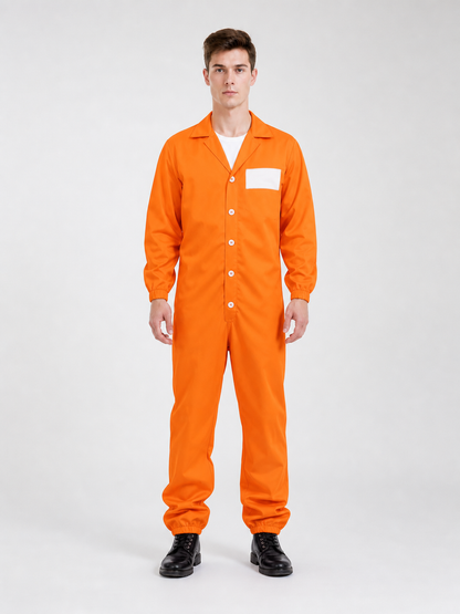 Adult Orange Prisoner-Style Costume Jumpsuit, Long Sleeve One-Piece Uniform with Pointed Collar, Front Buttons and Chest Patch for Costume Parties